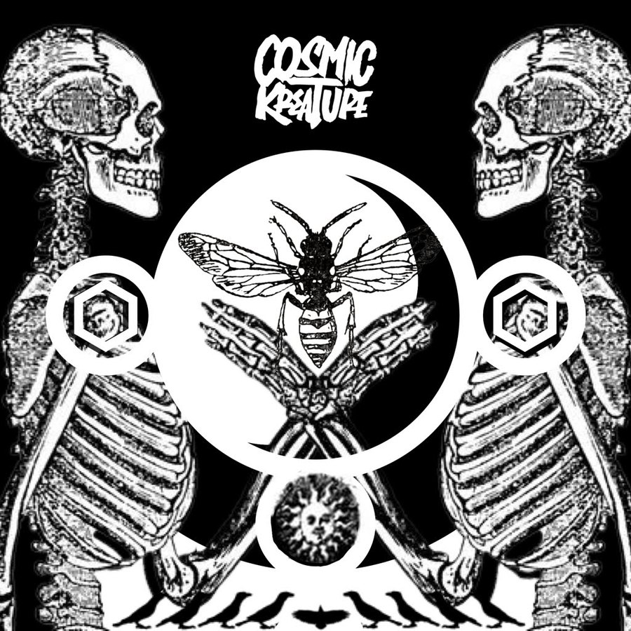 Cosmic Kreature artwork — two skeletons facing a moon with a bee at its centre